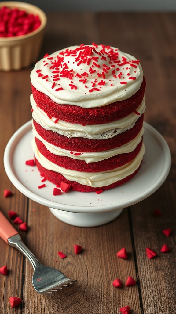 A classic red velvet cake with cream cheese frosting, layered and topped with red sprinkles.