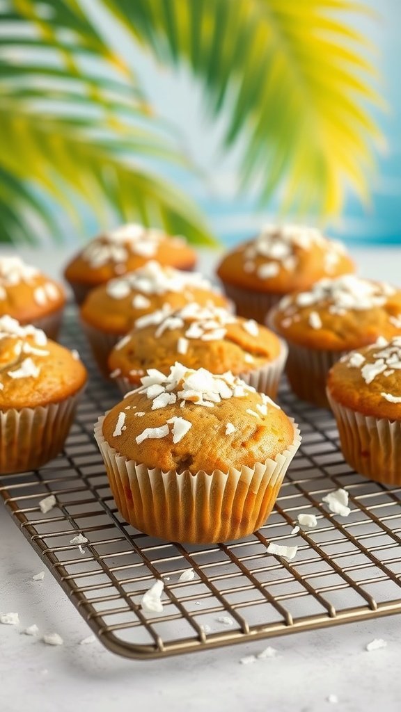 Delicious banana bread muffins topped with coconut flakes on a cooling rack.
