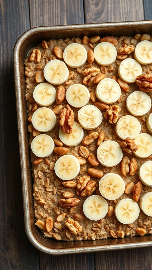 A bowl of Banana Nut Baked Oats with banana slices and walnuts on top, sprinkled with cinnamon.