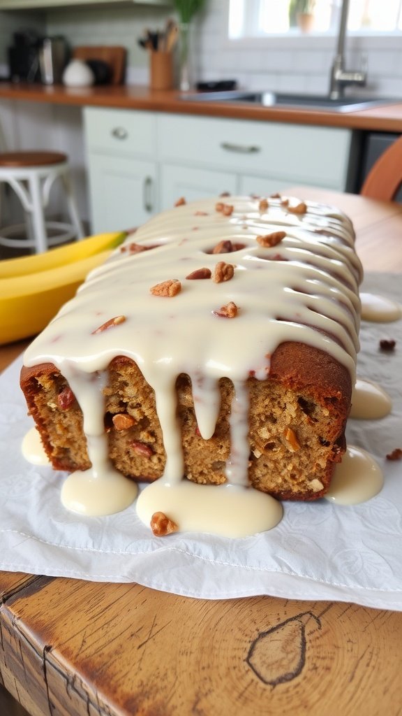 Delicious banana nut bread drizzled with maple glaze on a wooden board