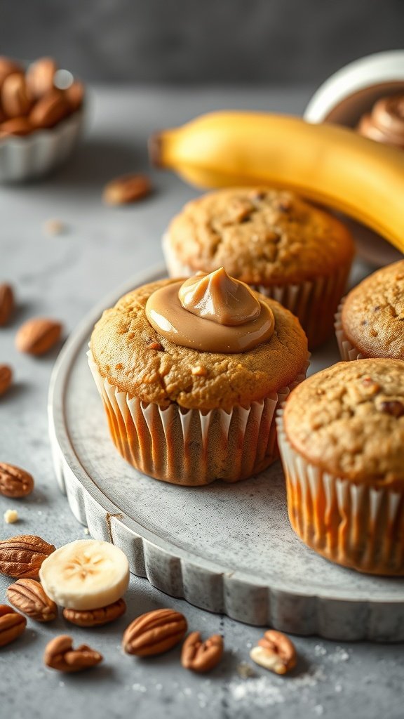 Banana Nut Butter Muffins with nuts and banana slices