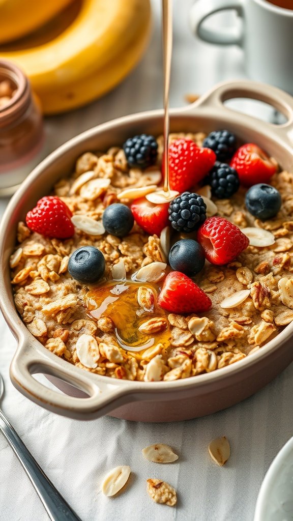 Delicious Berry Almond Baked Oats topped with fresh berries and almonds