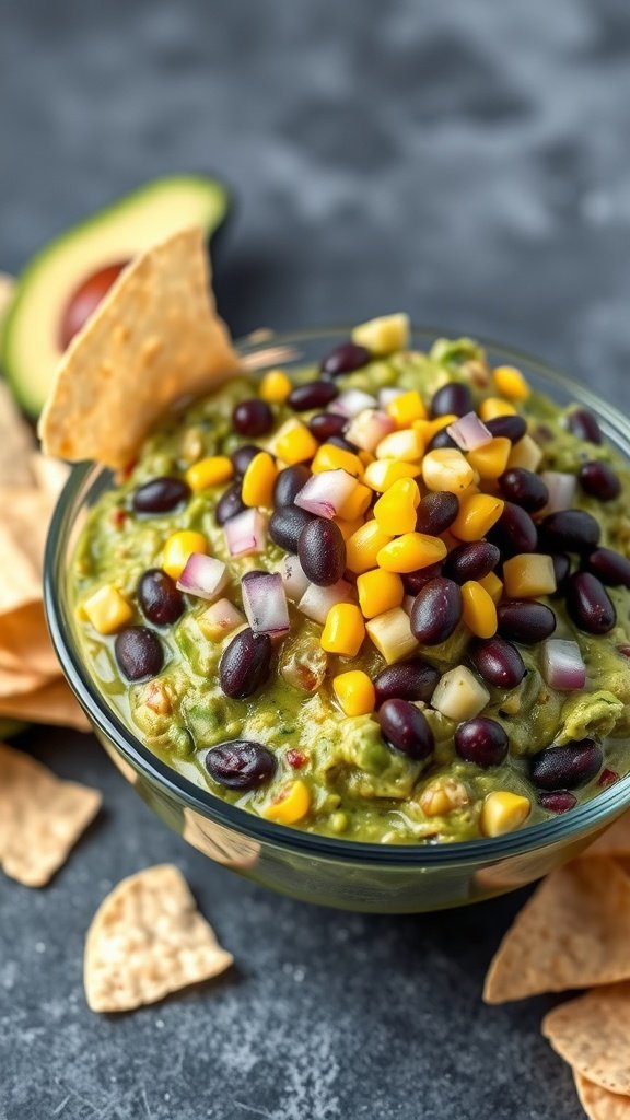 A bowl of black bean and corn guacamole topped with corn and black beans, surrounded by tortilla chips.