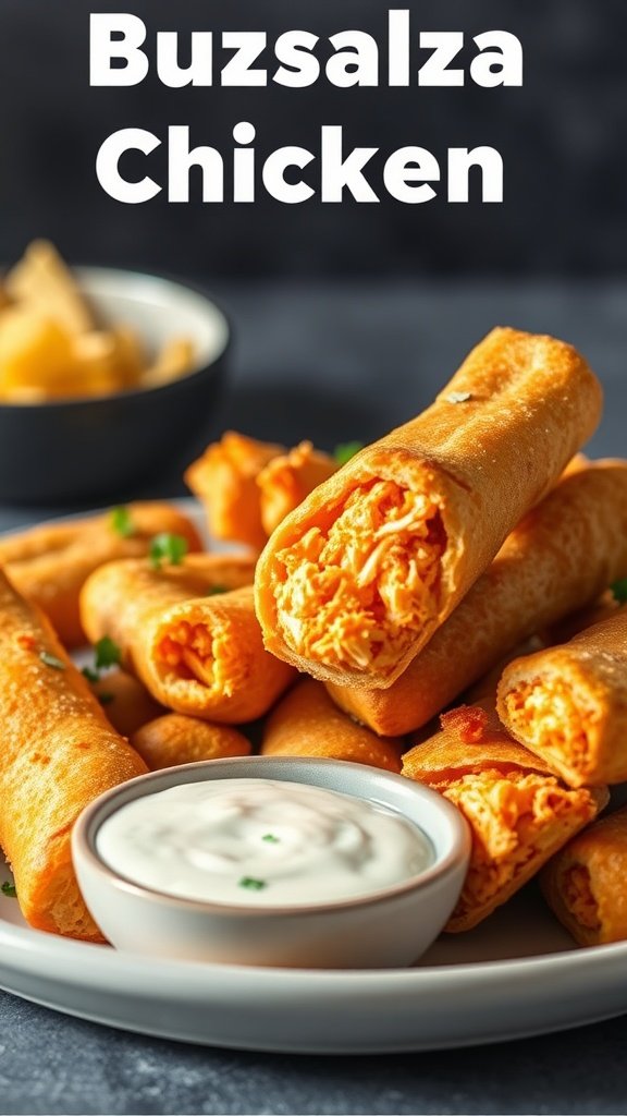 Buffalo chicken breadsticks served with dipping sauce.