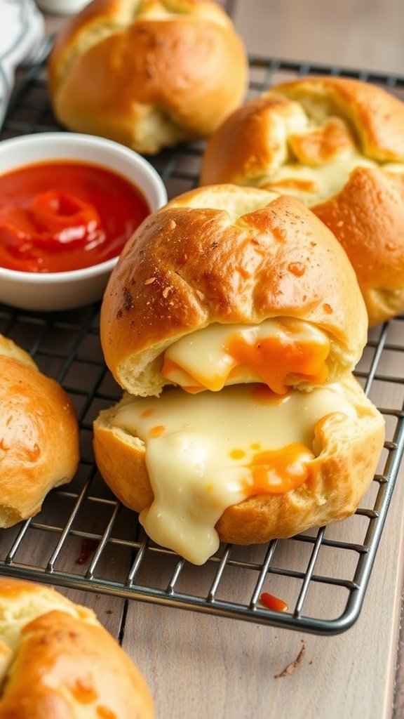 Cheese-stuffed ciabatta rolls on a wire rack with a side of dipping sauce.