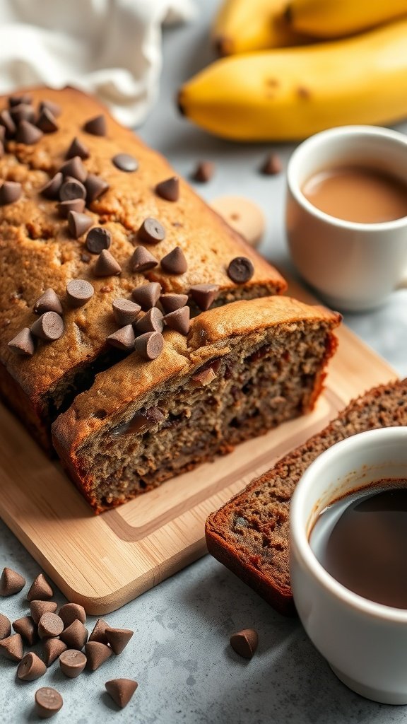 A loaf of chocolate chip banana bread with chocolate chips on top, sliced with a cup of coffee beside it.