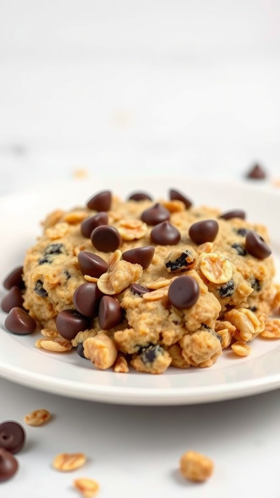 Delicious chocolate chip cookie dough baked oats on a plate.