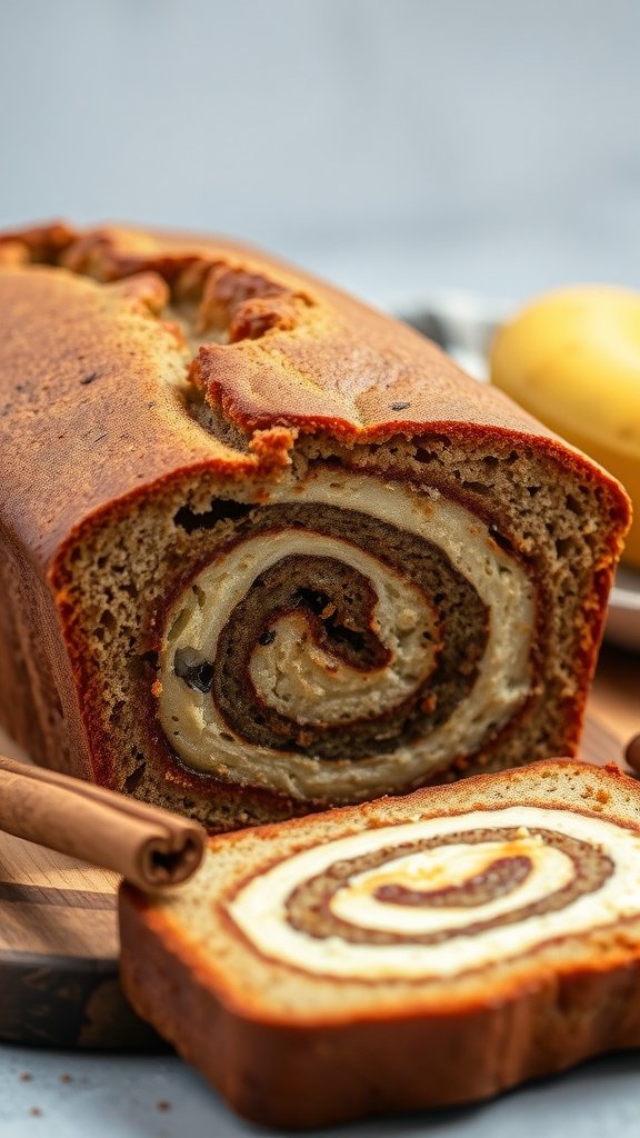 A loaf of cinnamon swirl banana bread sliced to reveal a delicious swirled interior.