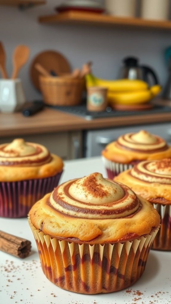 A tray of freshly baked cinnamon swirl banana muffins with a beautiful spiral topping.