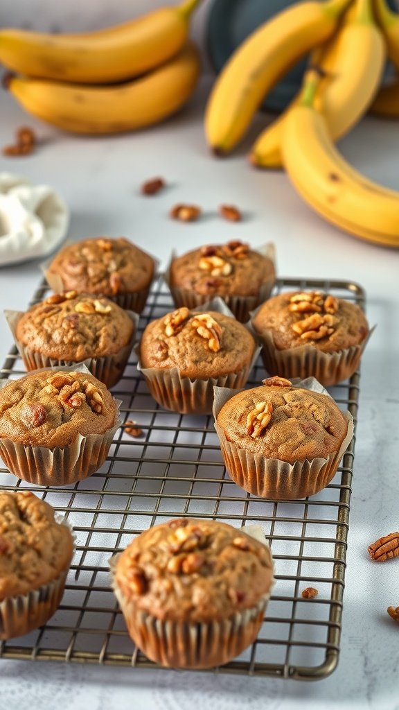 Classic banana muffins topped with walnuts on a cooling rack.