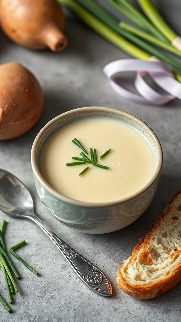 A bowl of creamy potato leek soup with chives, served with crusty bread on the side.