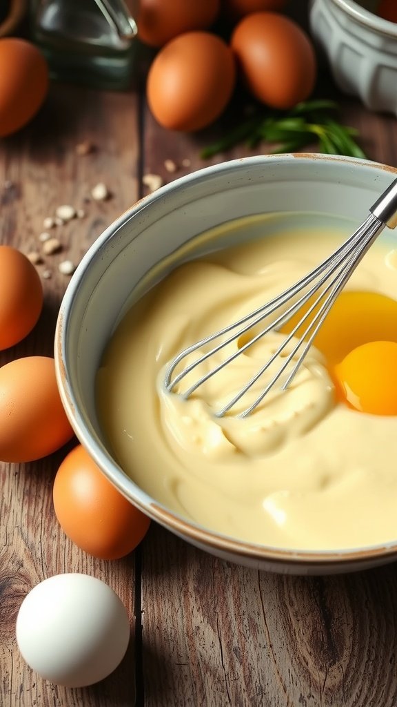 A bowl of creamy mayonnaise with eggs and oil on a wooden surface.