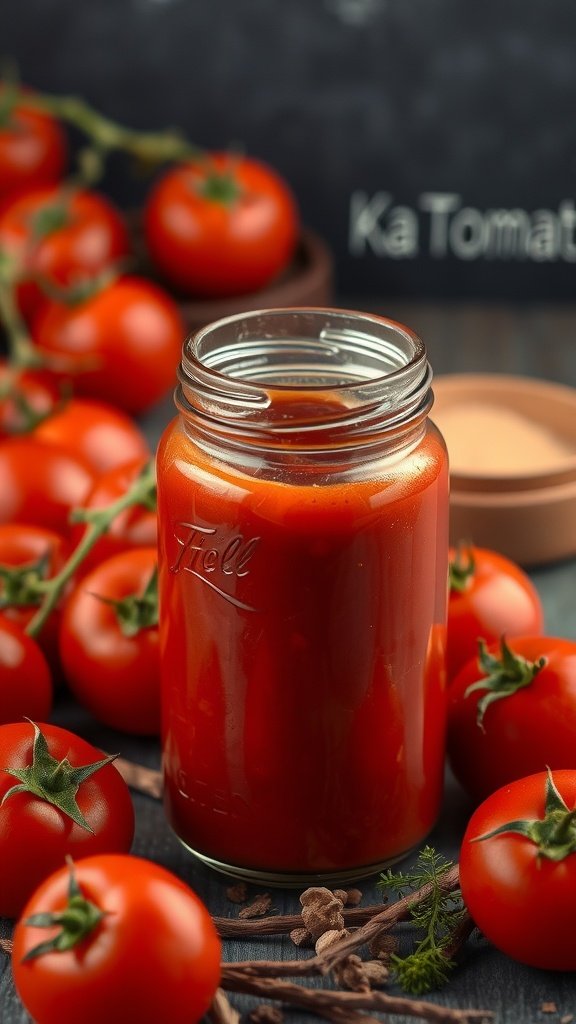 A jar of homemade tomato ketchup surrounded by fresh tomatoes