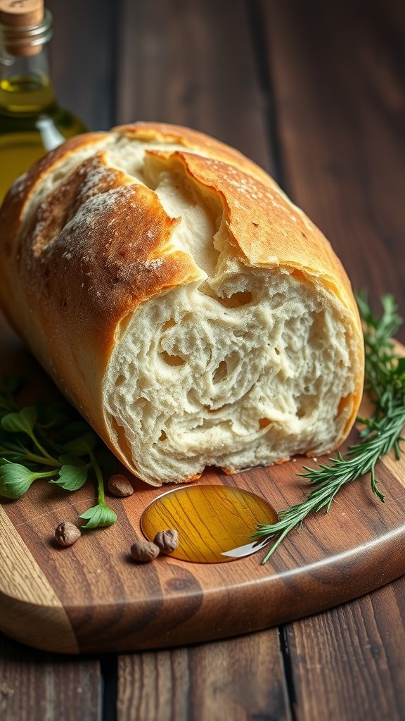 Freshly baked ciabatta rolls with a crispy crust and airy interior, served on a wooden cutting board with herbs and olive oil.