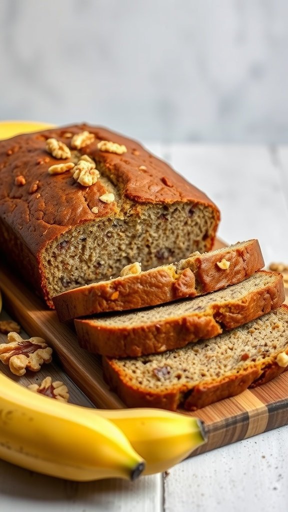 A loaf of moist banana bread sliced and ready to serve.