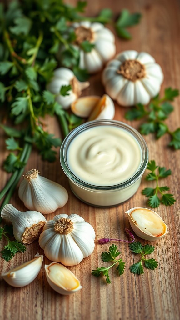 A bowl of garlic aioli surrounded by fresh garlic and herbs.