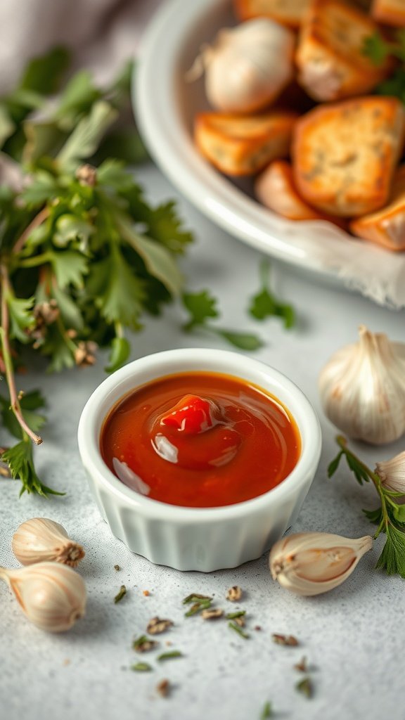 A bowl of garlic and herb infused ketchup surrounded by garlic cloves and fresh herbs.