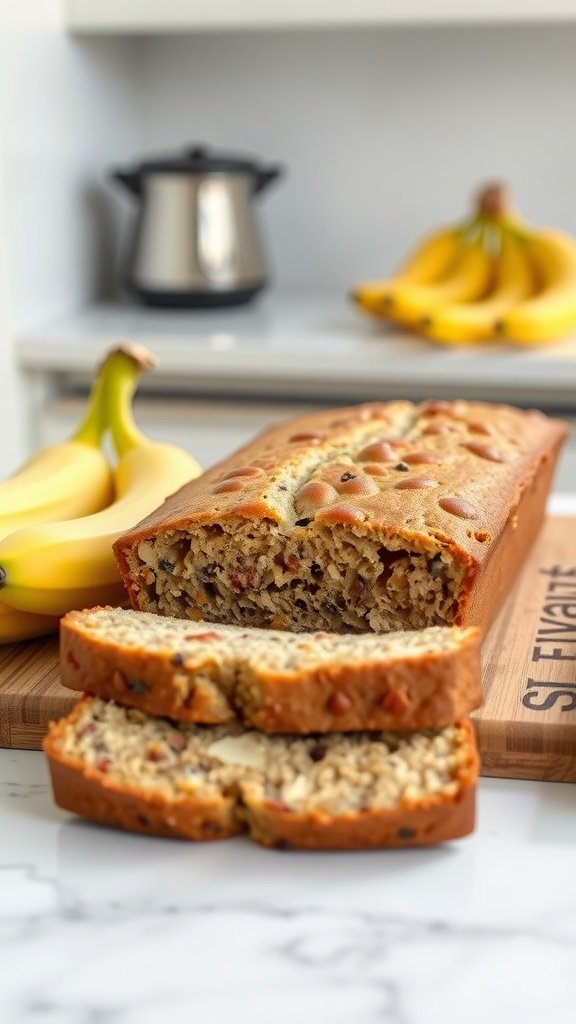 A loaf of healthy banana bread sliced on a cutting board next to fresh bananas.