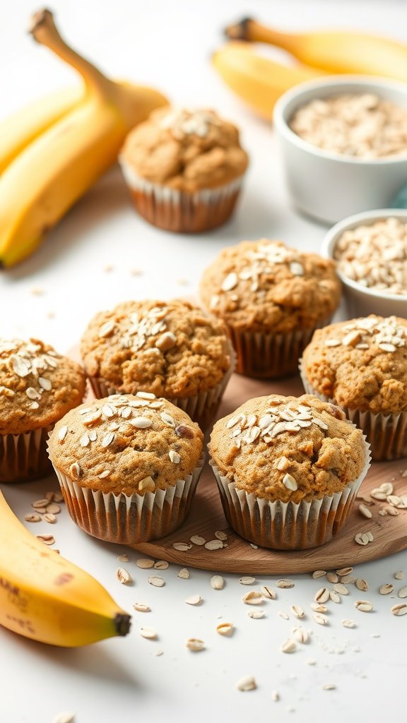 Healthy Oatmeal Banana Muffins displayed with bananas and oats.