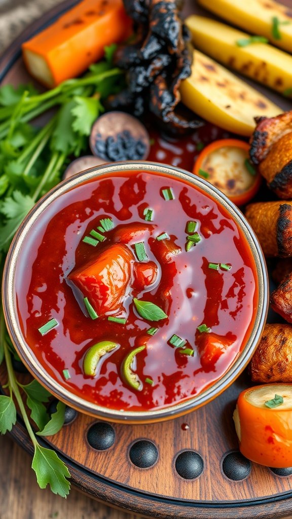 Herb-Infused BBQ sauce with fresh basil arranged on a wooden surface.