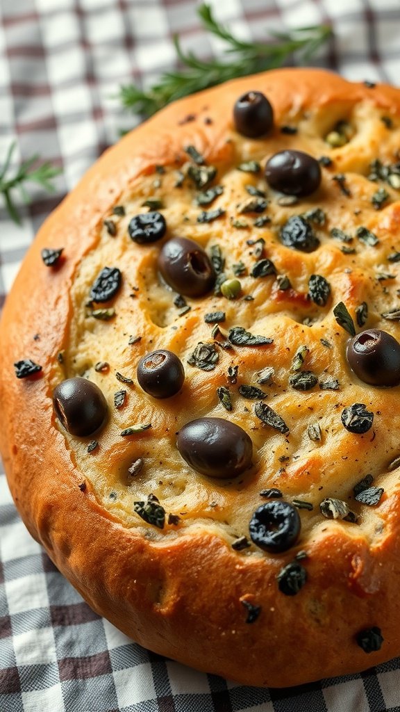Freshly baked olive and herb focaccia bread