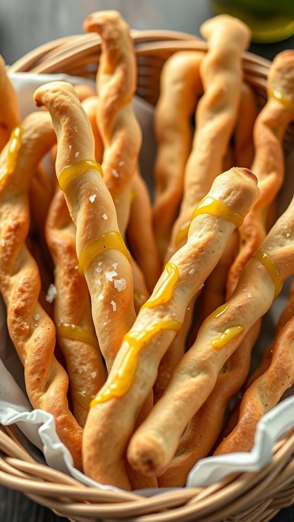 A basket filled with twisted olive oil and sea salt breadsticks