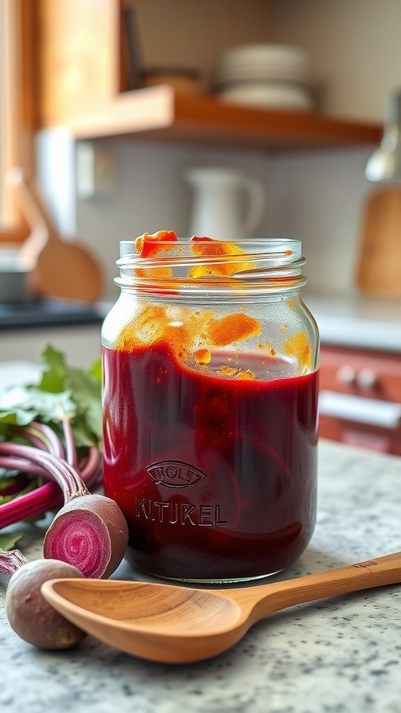 Jar of Roasted Beet Ketchup with beets in the background