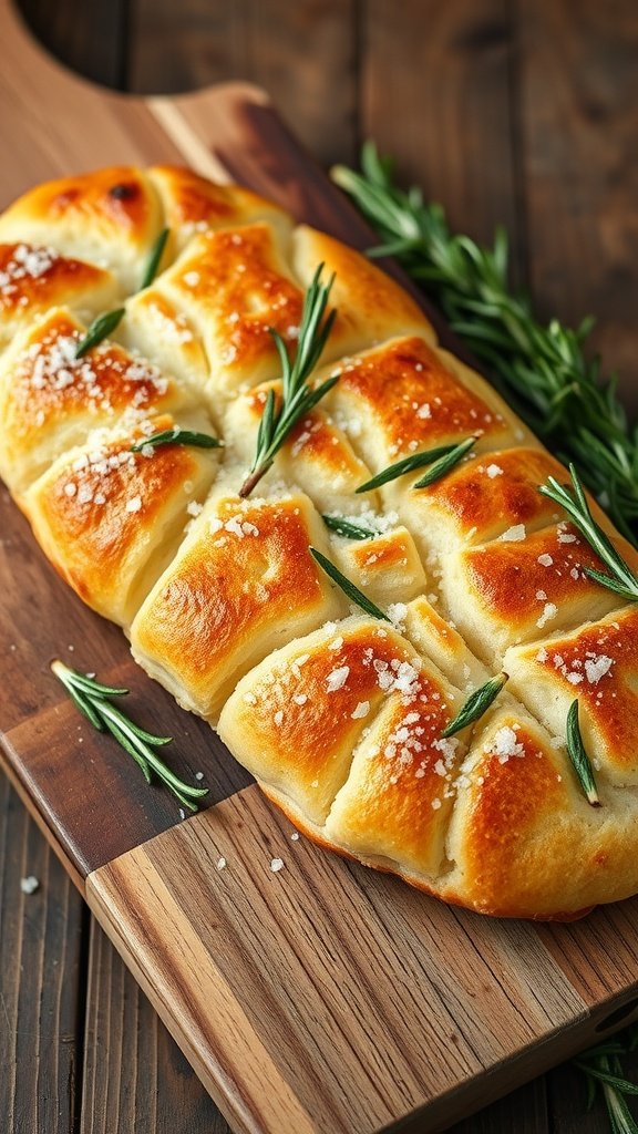 A freshly baked rosemary focaccia bread with sea salt.