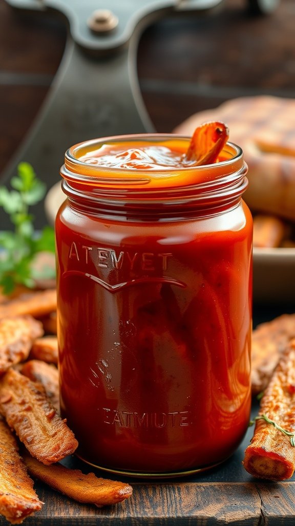 Bottle of Smoky Bacon Ketchup surrounded by crispy bacon strips and spices.