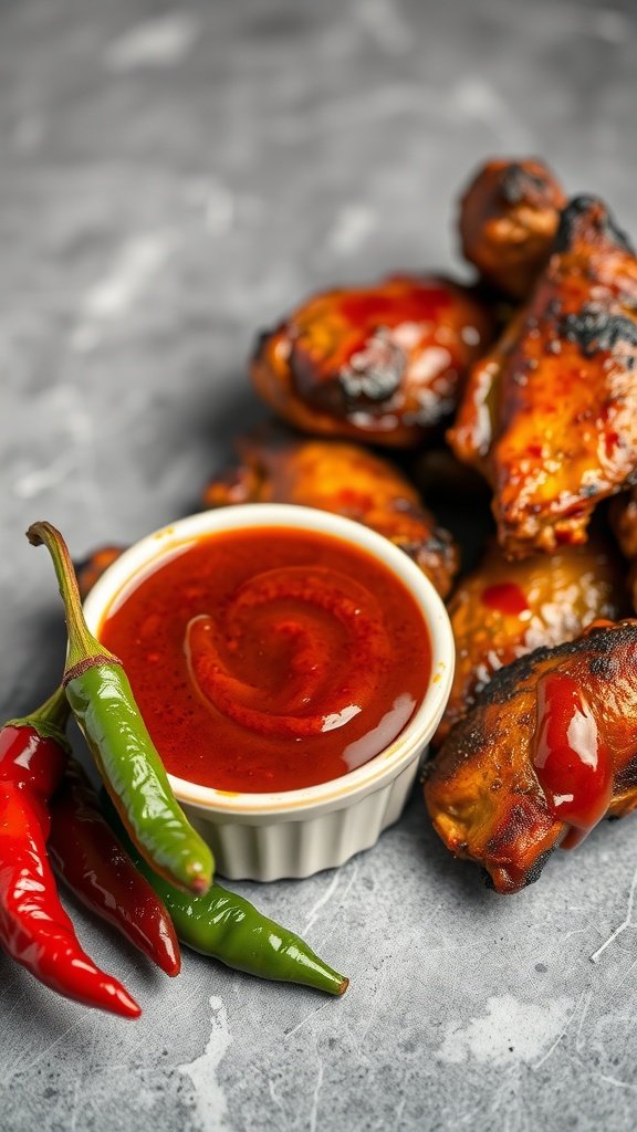 A bowl of spicy chipotle barbecue sauce next to grilled chicken wings and fresh chili peppers.