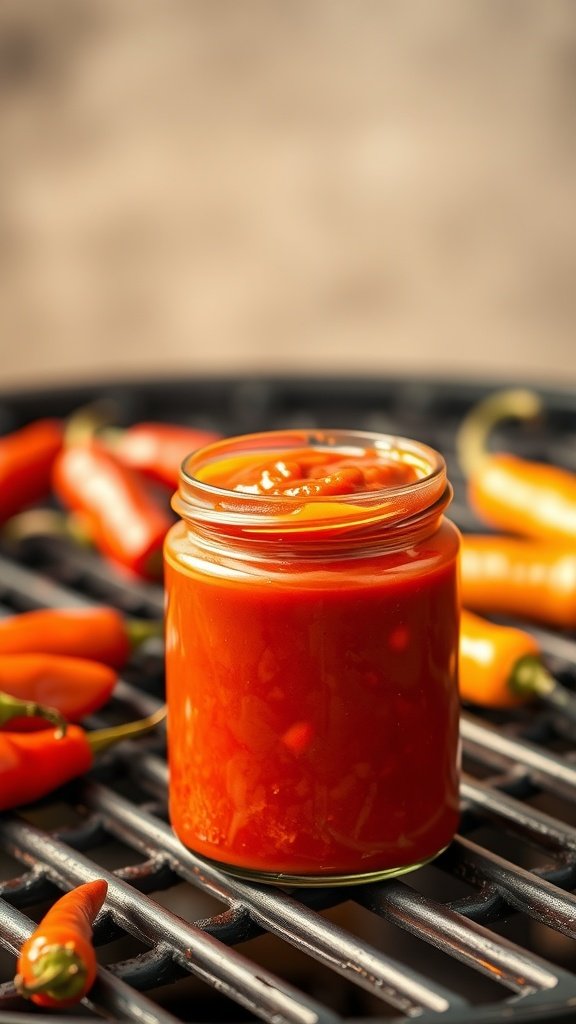 A bottle of spicy chipotle ketchup on a grill with red chili peppers.