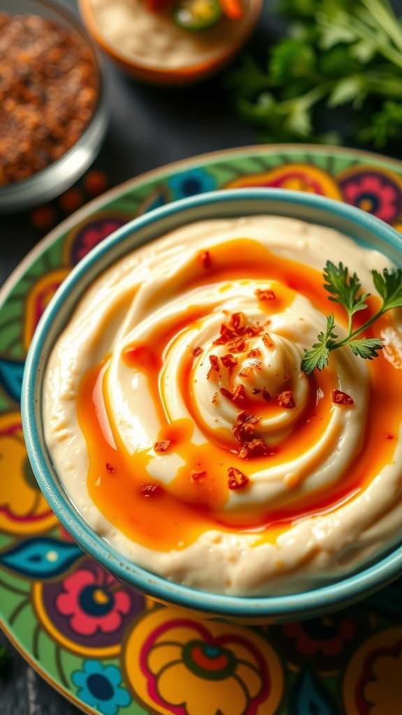 A vibrant bowl of spicy Sriracha mayonnaise topped with chili flakes and garnished with cilantro.