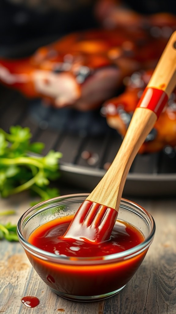 A bowl of sweet and smoky BBQ sauce with a brush, ready for grilling.