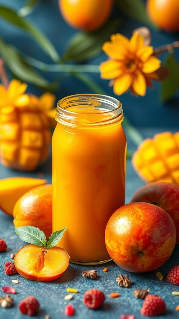 A jar of Sweet Mango Ketchup surrounded by ripe mangoes and colorful ingredients.