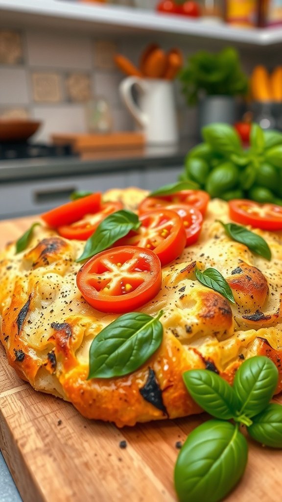 Focaccia bread with tomatoes and basil