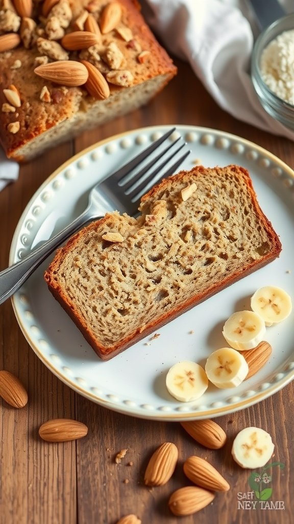 A slice of vegan banana bread on a plate, garnished with almonds and bananas.