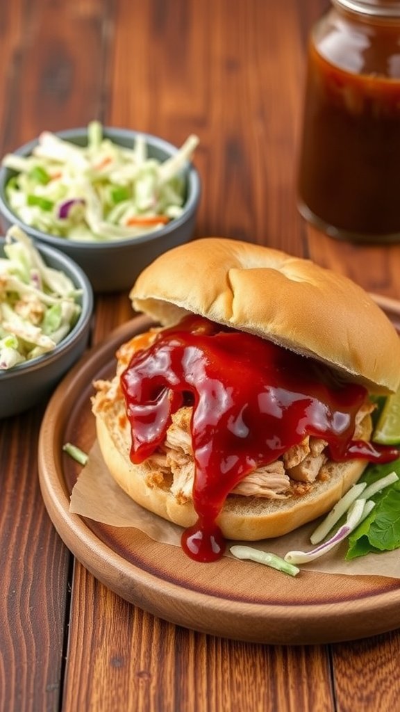 A bottle of vinegar-based BBQ sauce alongside pulled pork in a sandwich, with coleslaw on the side.
